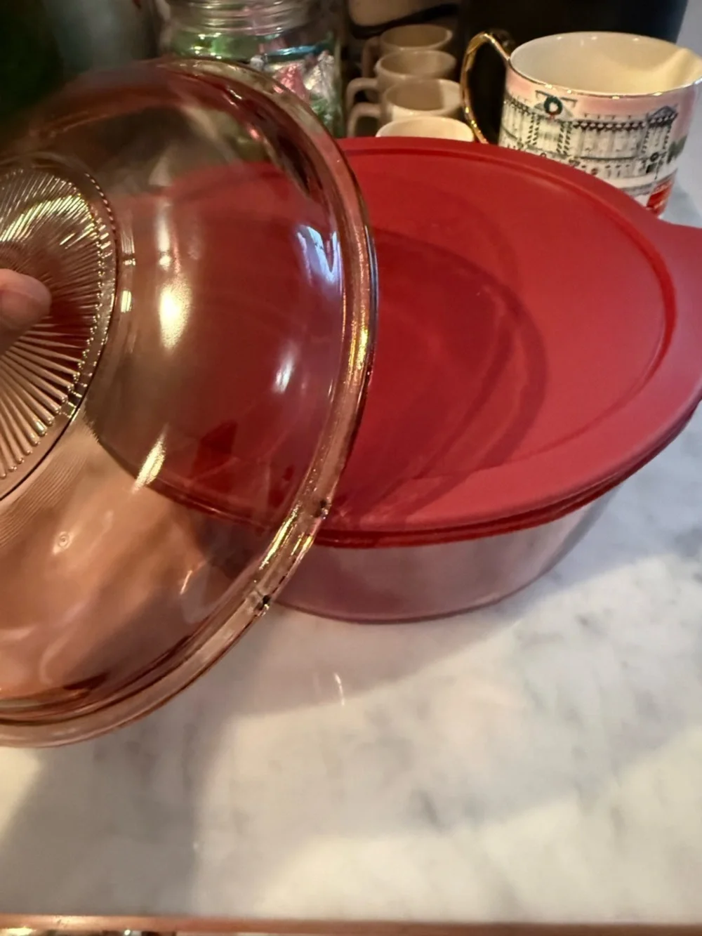 Vintage Corning Visions Cranberry Dutch Oven with two matching Pyrex lids 1.5L